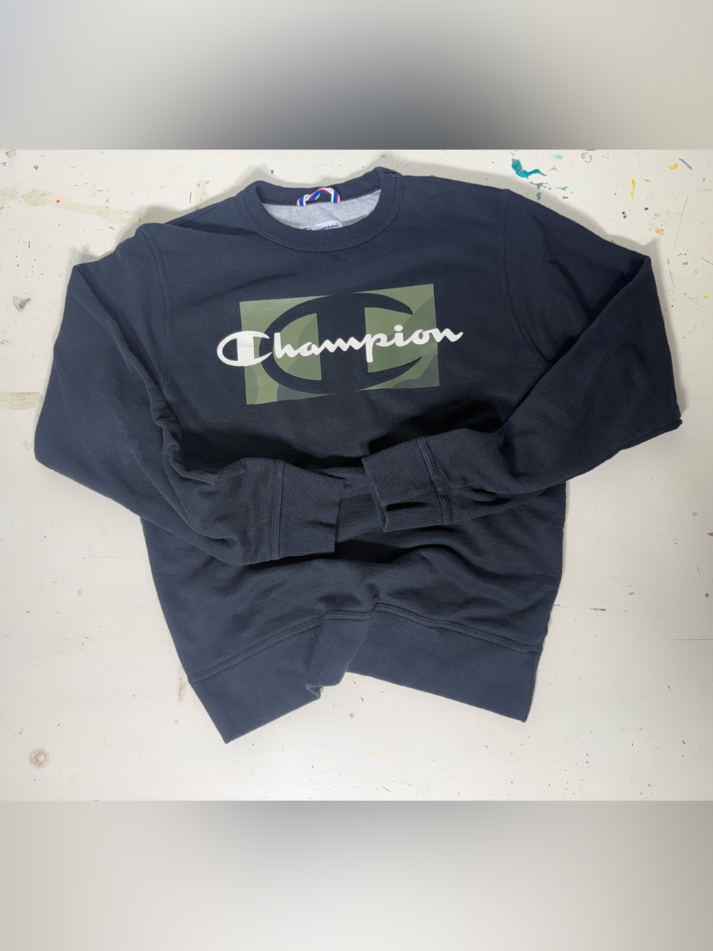Champion Navy Crewneck Sweatshirt with Olive Camo Logo